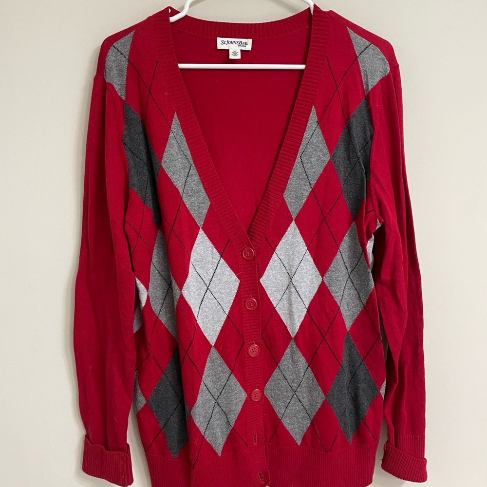 Cardigan sweater argyle plaid XL women’s red gray black